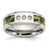 Stainless Steel Wedding Band with Camouflage Enamel and Diamonds